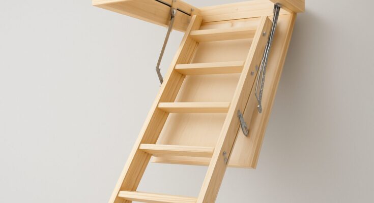 A wooden loft ladder partially extended from a ceiling opening against a plain wall